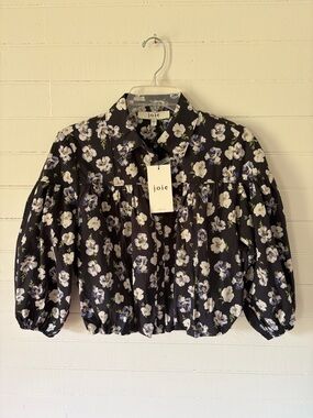NWT Joie May Cropped Floral Blouse Women's S Blue Multi Pansies Flowers